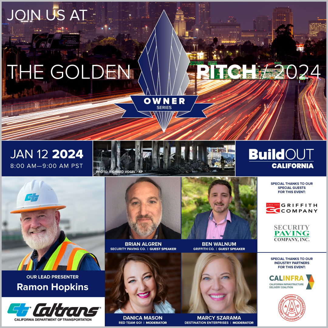 <a href="/BuildoutCA/">BuildOUT California</a> Golden Pitch/Owners Series 

Caltrans’ Executive Briefing’ Tour of the I-10 Freeway Incident/Repair/Re-Opening

Featuring Ramon Hopkins, <a href="/CaltransHQ/">Caltrans HQ</a>, Chief of Construction Division

Friday, Jan 12, 2024
8 am to 9 am (PST) 
Via Zoom

RSVP:
us02web.zoom.us/webinar/regist…