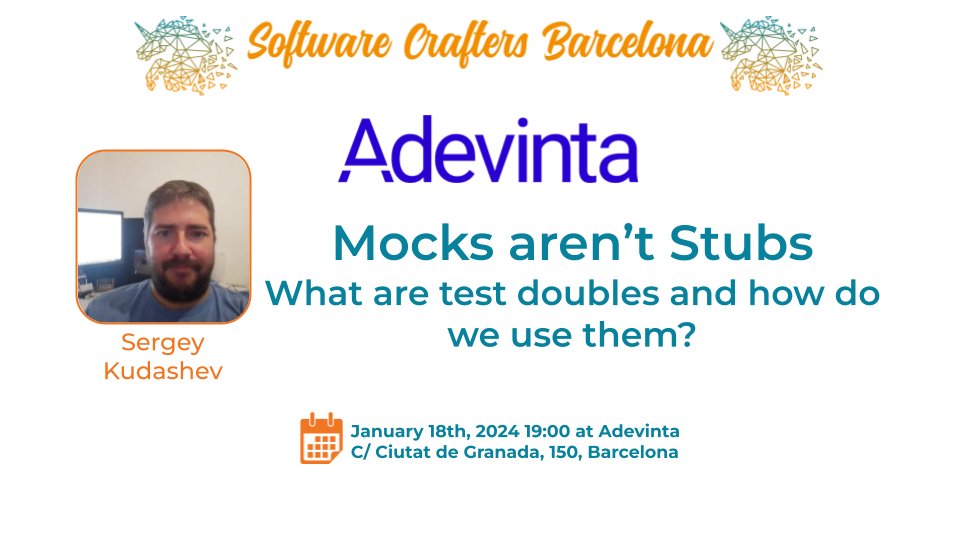bcnswcraft's tweet photo. Join us next week at @AdevintaSpain to hear all about #testingdoubles from @SergeKudashev 🔝 It's a great talk to get ready for our next coding dojos 🙇‍♀️

🔗RSVP https://t.co/KV7IjWWFrV

See you there and stay tuned!

#testing #testingdoubles #meetup #softwarecrafters https://t.co/EbpBCvGqhP