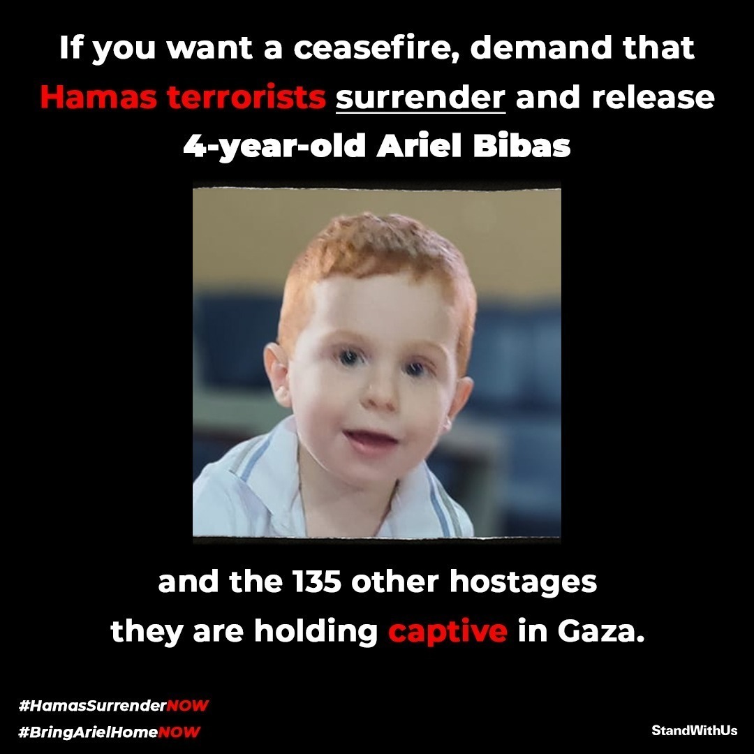 StandWithUs's tweet photo. You know who didn't have a voice today at the ICJ as South Africa presented a slanderous genocide case against #Israel? 4-year-old Ariel Bibas, who has been in the merciless hands of #Hamas terrorists in #Gaza since October 7th. 
Bring. Ariel. Home. NOW.

#HamasSurrenderNow https://t.co/MaGjktnjvN