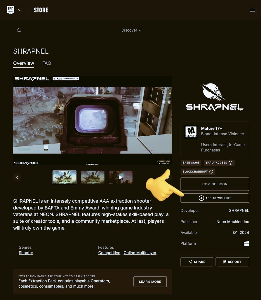 ShiniMoney's tweet photo. Quieres Ganar un Extractor Pack de @playSHRAPNEL ? Voy a Regalar 3 de $100 $50 $20
Estoy esperando este juegazo por hora
Que estará disponible en @EpicGames 

Para participar entra a la tienda de Epic y Add a tu Lista de Deseos y manda captura en este post etiquetando 2 amigos! https://t.co/ic5NhEoUv3