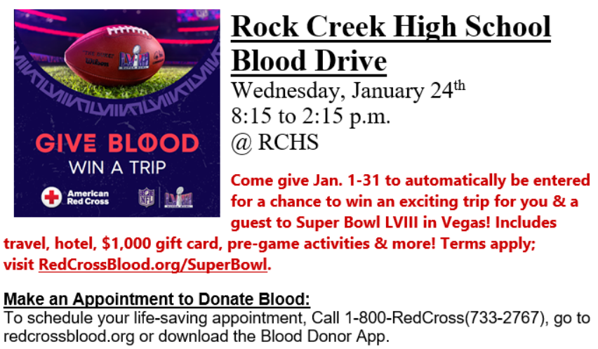 Our next blood drive is Jan. 24th!  Email wegea@usd323.org to sign up.  <a href="/RockCreekHS/">Rock Creek</a> <a href="/RCHS_PTO/">Rock Creek High School PTO</a>