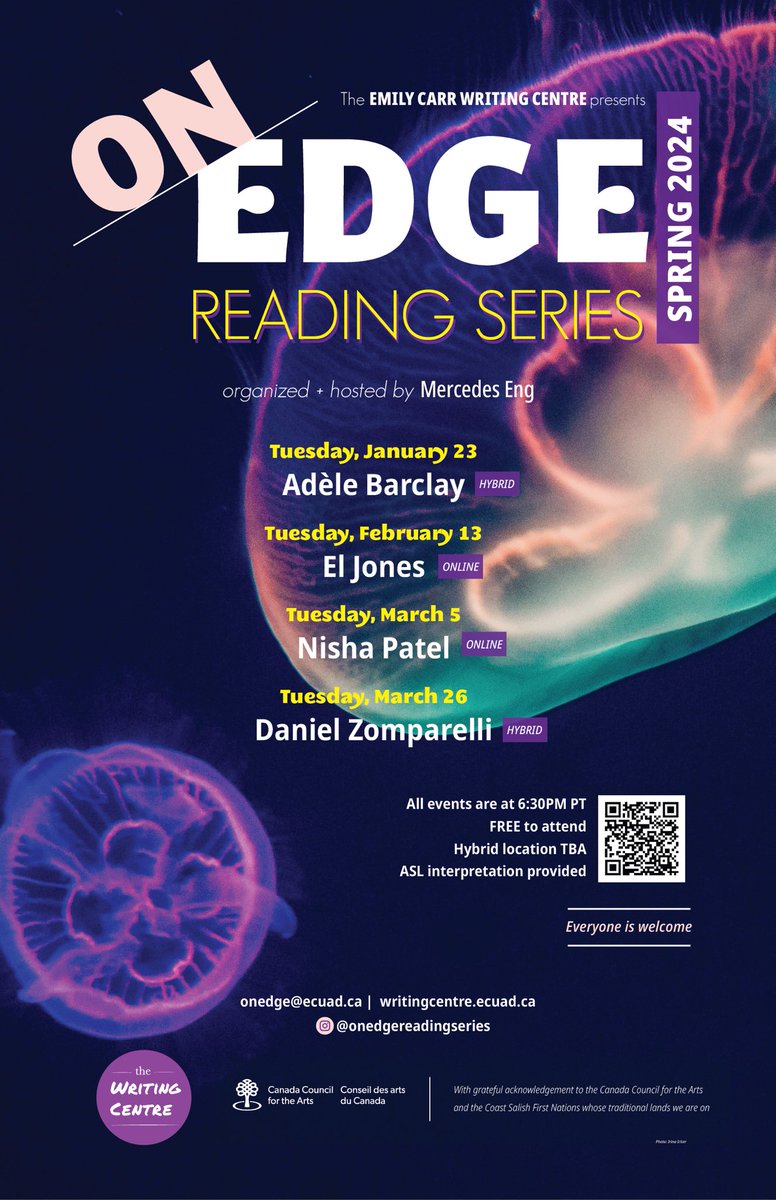 thrilled to announce this season’s On Edge reading series authors: ⁦@AdeleVBarclay⁩ ⁦@ElJonesPoet⁩ ⁦@AnotherNisha⁩ & Daniel Zomparelli! 🪼ASL provided 🪼free & open to all 🪼onedge@ecuad.ca for zoom link