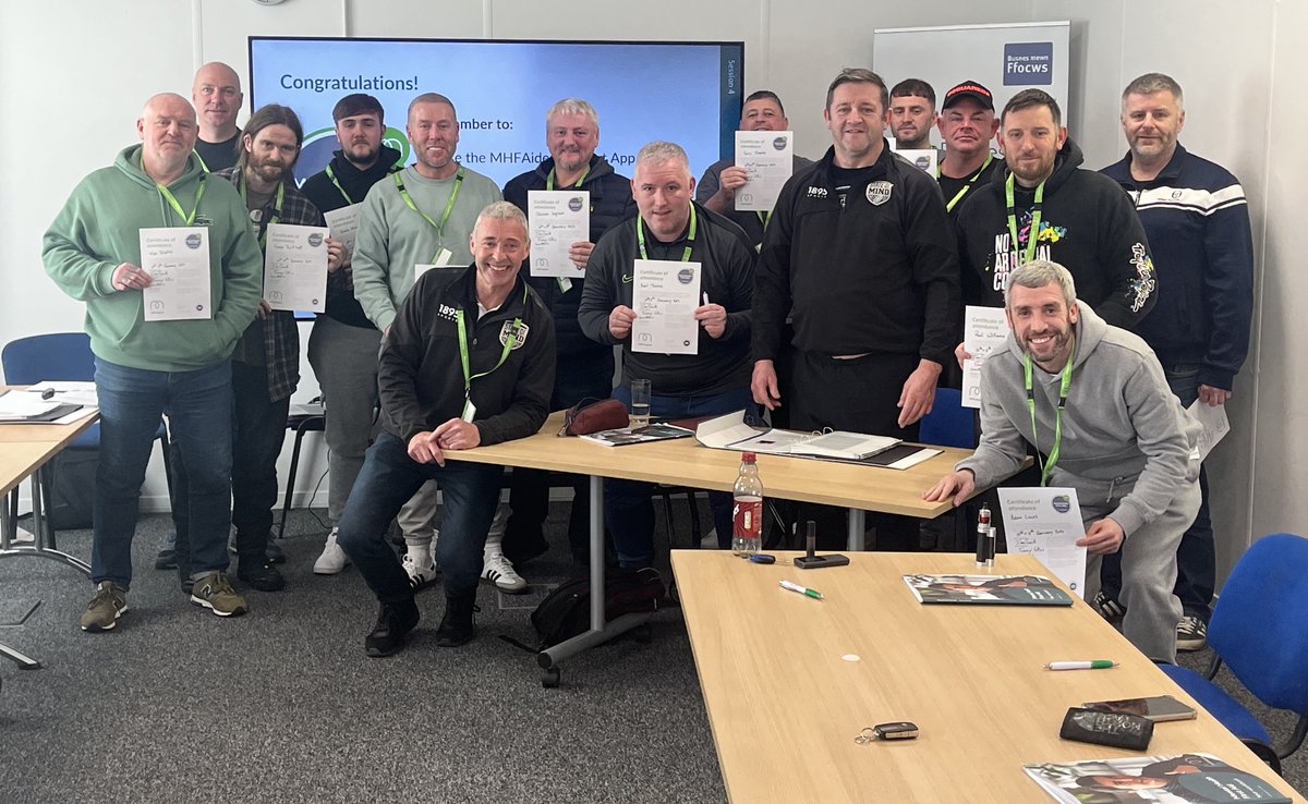 Iansmith2468's tweet photo. Congrats to the 13 men from ISS Labour who passed the 2 Day @MHFAEngland course today in Abercynon, South Wales with myself &amp; @jimmygittins from @stateofmindsprt. A genuinely fantastic group of men who shared some of their own personal lived experiences around difficult topics. https://t.co/bV0d28mCSV