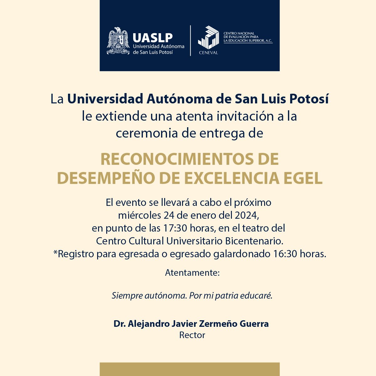 LaUASLP's tweet photo. La #UASLP invita a la ceremonia de entrega de "Reconocimientos de Desempeño de Excelencia-EGEL", a egresadas y egresados de diferentes carreras. 

#CalidadUASLP #OrgulloUASLP 
💙💛 https://t.co/U00m0sTw1P