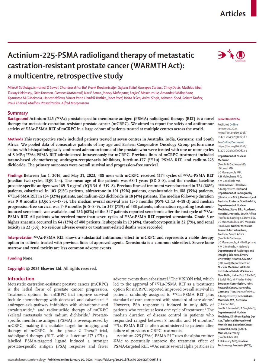 Actinium-225 PSMA RLT for metastatic prostate cancer  in @TheLancetOncol

Conclusion spot on: 'future prospective studies investigating the safety and efficacy of 225Ac-PSMA RLT in patients who have not responded to 177Lu-PSMA RLT are needed.' sciencedirect.com/science/articl…