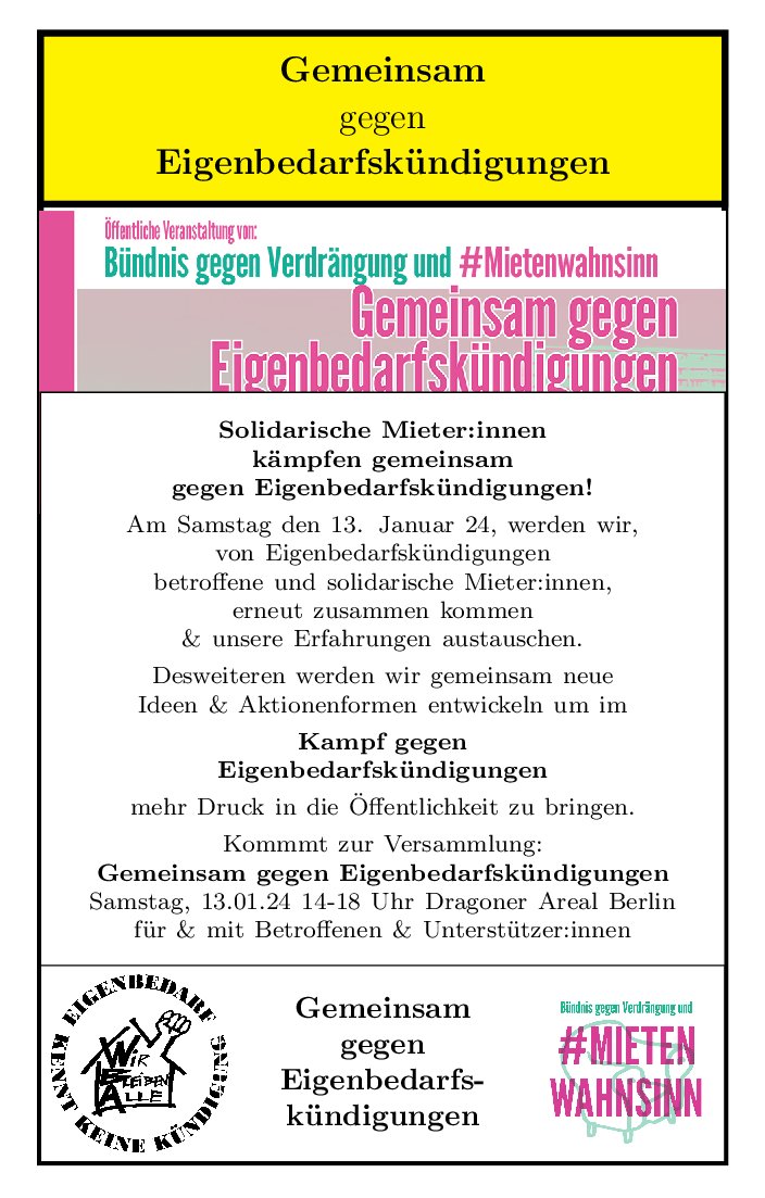 #Eigenbedarfskündigungen & kein Ende! Doch wir haben bereits vergangenes Jahr begonnen uns stadtweit zu organisieren. Am kommenden Samstag geht es weiter. Gebt die Info an betroffene & solidarische Mieter:innen weiter: Kommt am Samstag den 13.01.24 um 14 Uhr ins Dragonerareal!