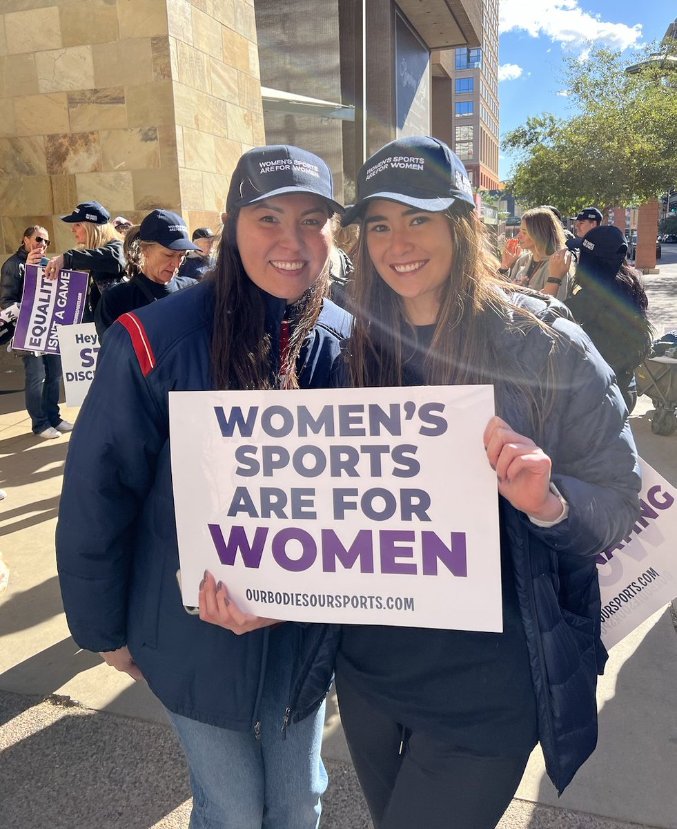 IWF's tweet photo. Women's sports are for women... It's common sense‼️

We are so proud to have IWF Ambassador @PaulaYScanlan &amp; @icons_women's @SmithMarshi on the ground in Phoenix, AZ to tell the NCAA to stop discriminating against women. https://t.co/84Ksc9OV2h