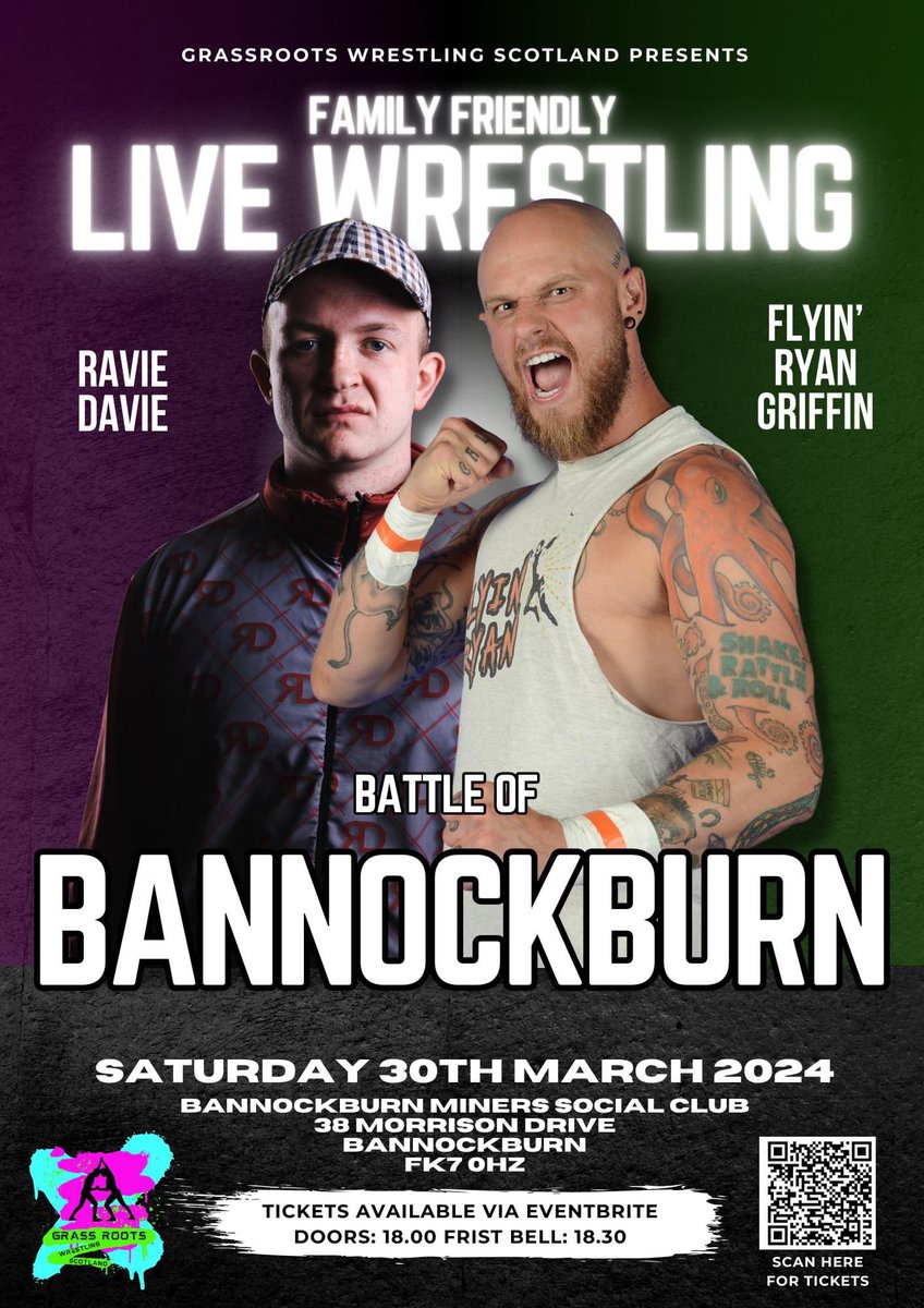 Our first show of 2024 !!
Wrestling returns to Bannockburn!!
Our first Match announced will be our Main Event and is for the Grassroots Wrestling Championship!! As champion 
<a href="/Ravie_Davie_McC/">King Of Govan</a> defends against no 1 contender <a href="/RyanGriffin13/">Ryan Griffin</a>.
Tickets available eventbrite.co.uk/e/live-wrestli…