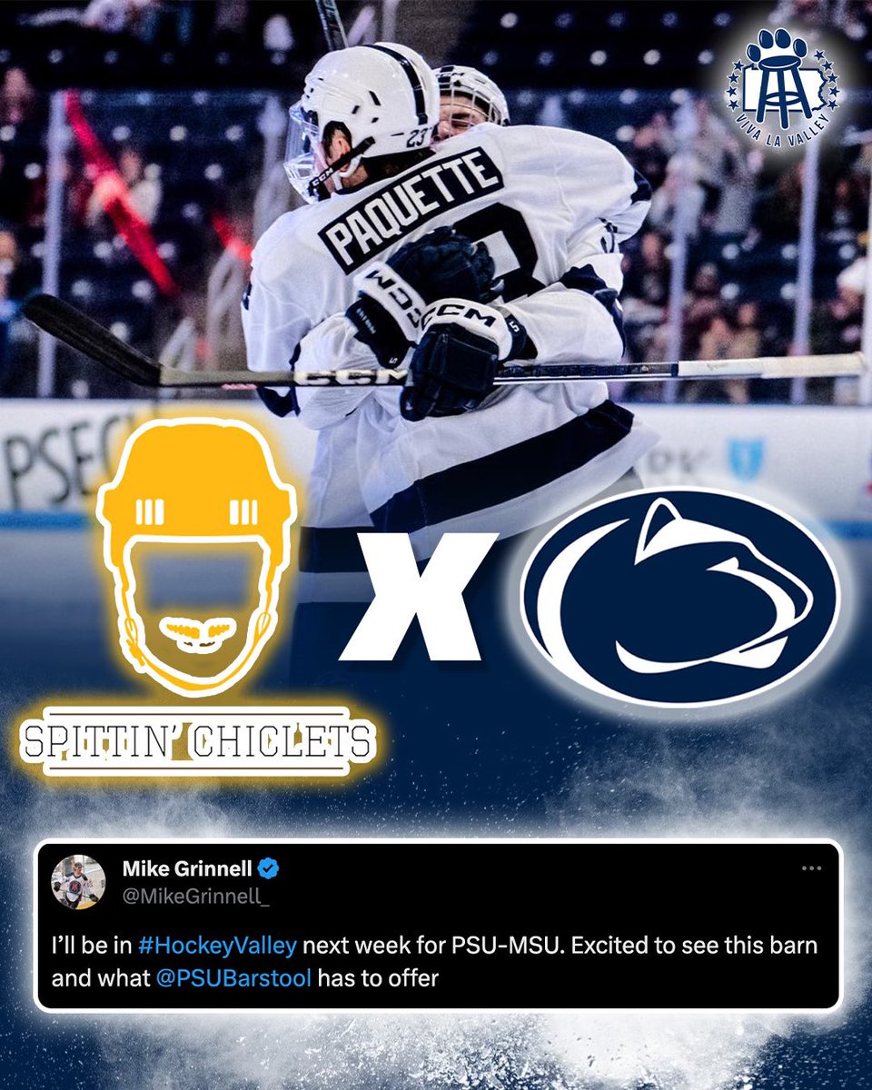 PSUBarstool's tweet photo. 🚨@spittinchiclets IS COMING TO HAPPY VALLEY!🚨

Let’s show @MikeGrinnell_ and the boys what Hockey Valley’s about! 

@TheRoarZone @PennStateMHKY https://t.co/O4uX0iNf89