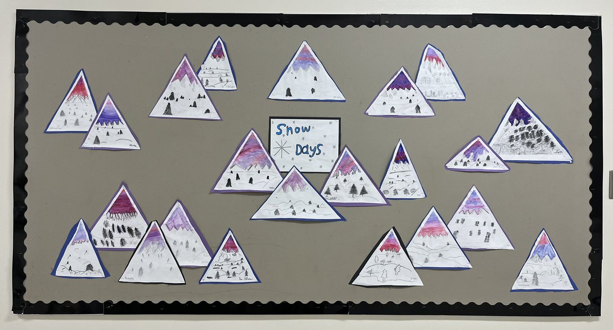 Check out our snowy mountains! We added shadowing to our mountains and worked on adding trees to them foreground and background! #visualarts #grade34 @DeshayeCatholic