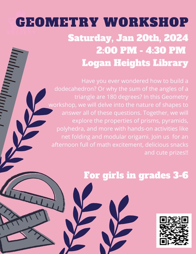 dajmeyer's tweet photo. Geometry Workshop for grades 3-6 by @allgirlsSTEM on Saturday, January 20, at the Logan Heights Library @SDPublicLibrary https://t.co/egnCU3HGqY