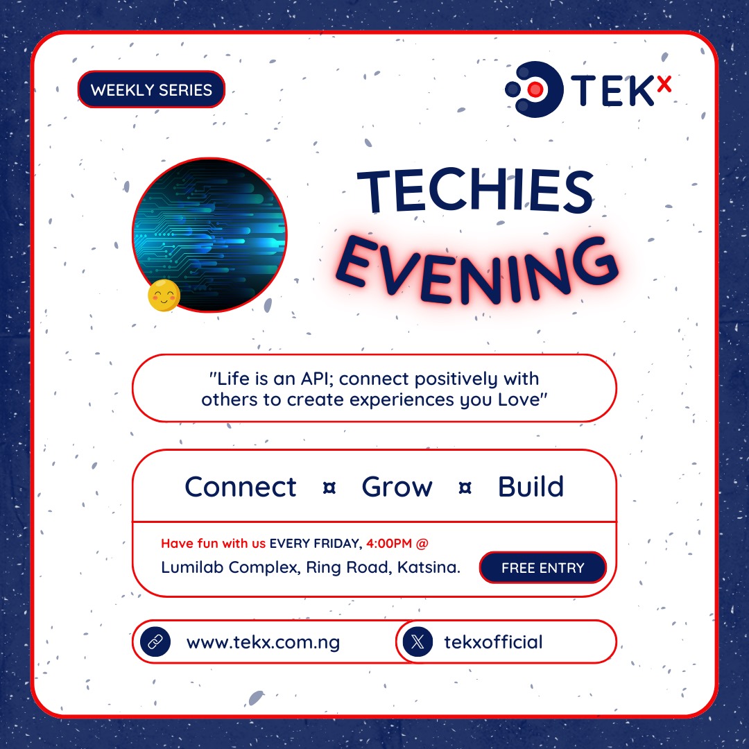 tekx_ng's tweet photo. Its 2024, and Techies Evening is here again, and yes, we're turning up the fun dial! 🔥🎉 

Join us EVERY FRIDAY for tech talks, networking, and games that help us build better. 

Let's make memories and lines of code together! 

#TechiesEvening #TEKx https://t.co/ejD1xW7CuB
