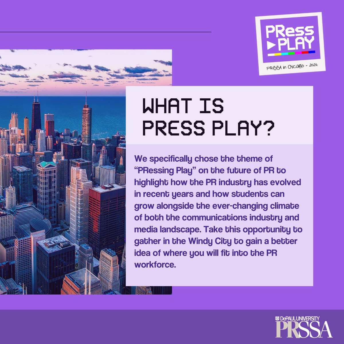 PRessPlayDePaul's tweet photo. Any students interested in PR shouldn’t miss this once a year opportunity to find out how we're "PRessing Play" on the future of the PR industry!  ⏯️

Interested in our conference? Tickets are on sale in our linktree! https://t.co/MwXUUnUl5y