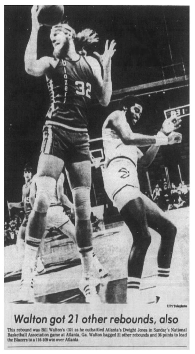 77Blazers's tweet photo. Jan 11 1976 - #BillWalton scored a career-high 36 pts &amp; grabbed 22 rebs in @trailblazers victory vs @ATLHawks, despite 42 pts by #Hawks forward #JohnDrew.
It is Walton's only 30/20 game of his career &amp; his 3rd 20/20 game w/#Blazers 

#RipCity https://t.co/0Ue4QSkmsH
