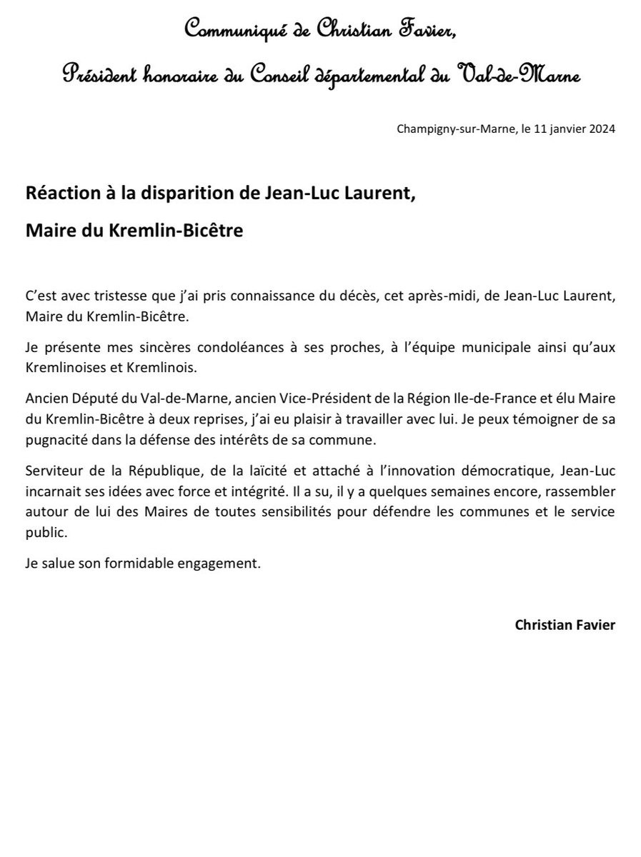 christianfavier's tweet photo. « C’est avec tristesse que j’ai pris connaissance du décès, cet après-midi, de Jean-Luc Laurent, Maire du Kremlin-Bicêtre.

Je présente mes sincères condoléances à ses proches, à l’équipe municipale ainsi qu’aux Kremlinoises et Kremlinois. » https://t.co/VqA6r42ywV