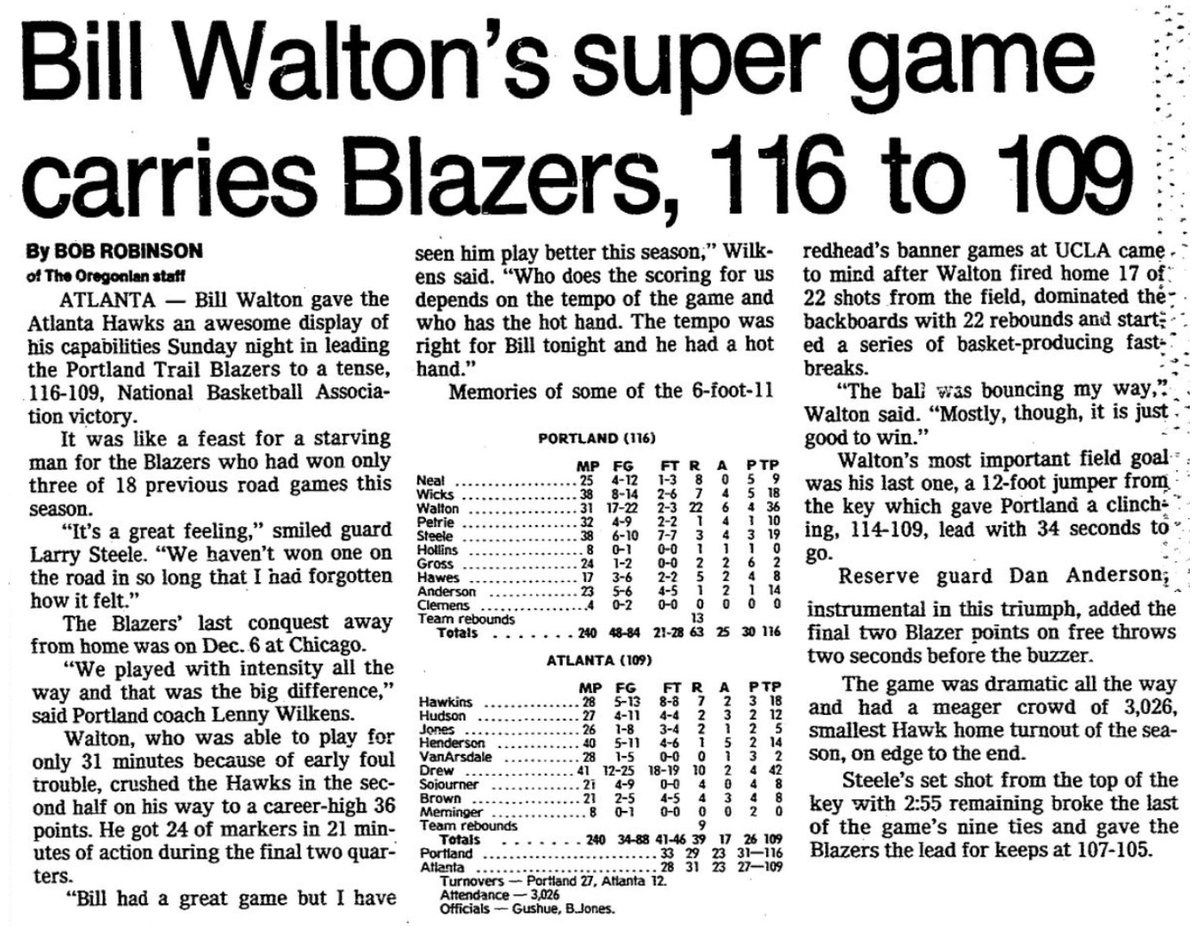 77Blazers's tweet photo. Jan 11 1976 - #BillWalton scored a career-high 36 pts &amp; grabbed 22 rebs in @trailblazers victory vs @ATLHawks, despite 42 pts by #Hawks forward #JohnDrew.
It is Walton's only 30/20 game of his career &amp; his 3rd 20/20 game w/#Blazers 

#RipCity https://t.co/0Ue4QSkmsH