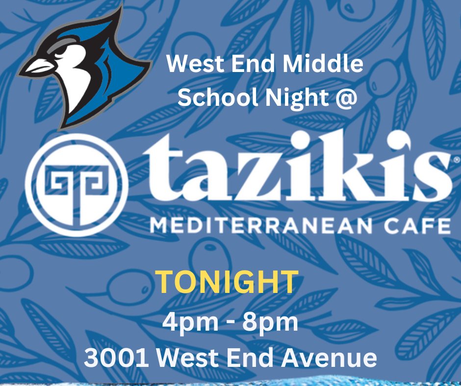 Two big events you don't want to miss tonight - a home game against Croft and West End Night at Taziki's! Come cheer on the Blue Jays beginning at 5pm - then grab dinner on the way home. Tell them you're there for West End Night - and we'll get 15% of the proceeds. #WestIsBest