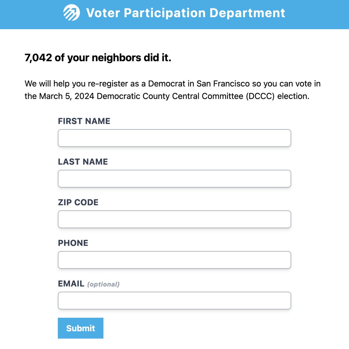 loomdoop's tweet photo. This is super shady. Grow SF's "Voter Participation Department" website on a domain named https://t.co/BJzistVeaL.

It collects name, zip code, email, and phone number, and sends those to Grow SF, then just clicks through to the official state website. 

Needs a malware check. https://t.co/HTu0Nhd7GN