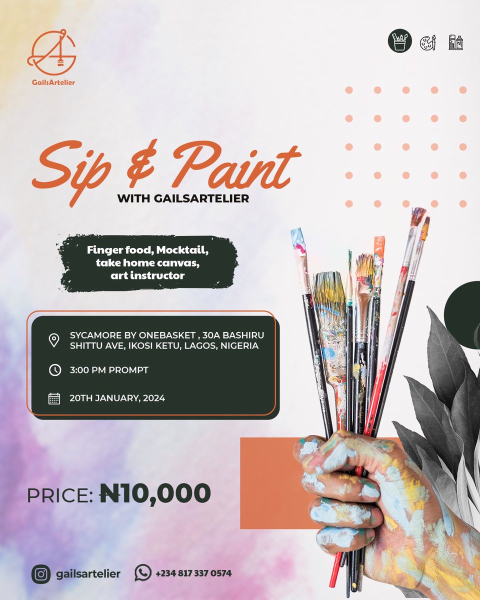 Join us for an exciting time to Sip, Chow and Paint <a href="/gailsartelier/">Gailsartelier</a> 🥳💃 
.
Visit the link in bio to register !!!
