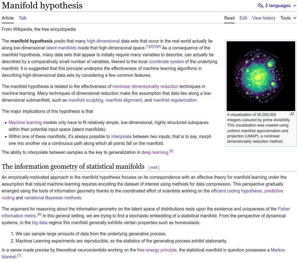 The manifold hypothesis posits that many high-dimensional data sets that occur in the real world actually lie along low-dimensional latent manifolds inside that high-dimensional space. As a consequence of the manifold hypothesis, many data sets that appear to initially require