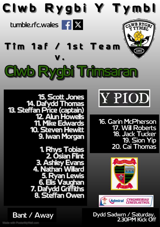 The Magpies travel to Trimsaran RFC on Saturday afternoon for a Gwendraeth Valley derby, kick off 2.30pm. 

Come and support the boys in a big local game.

#YmlaenYPiod 

⚫️⚪️🏉