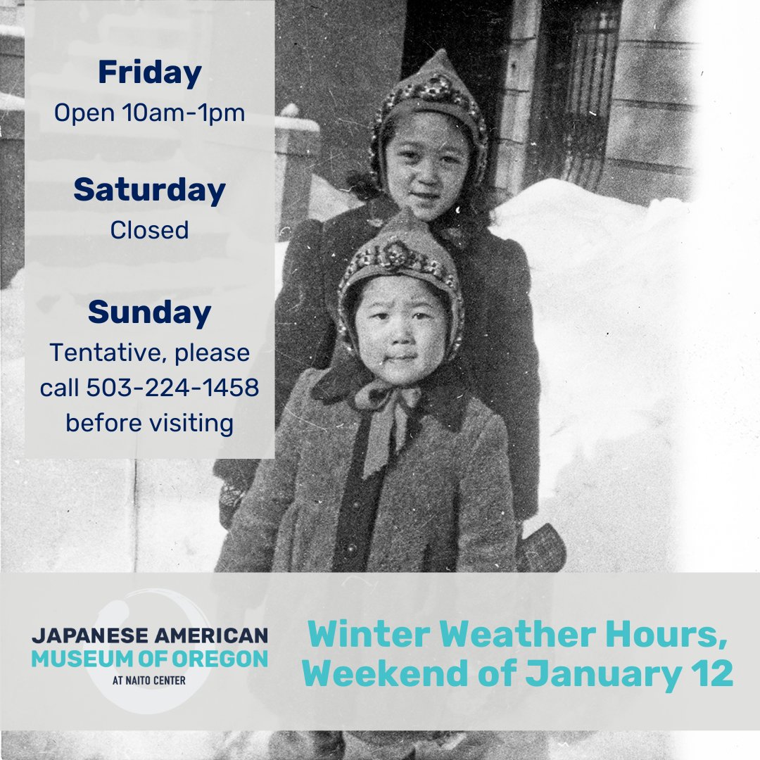 Due to the winter storm warning, @JAMOPDX will have limited hours this weekend:
Friday: OPEN 10am-1pm; Saturday: CLOSED; Sunday: Please call 503-224-1458 before visiting

Photo: Sylvia and Linda Takeuchi, New York City, 1945. Gift of the Estate of Tom and Tomie Takeuchi
