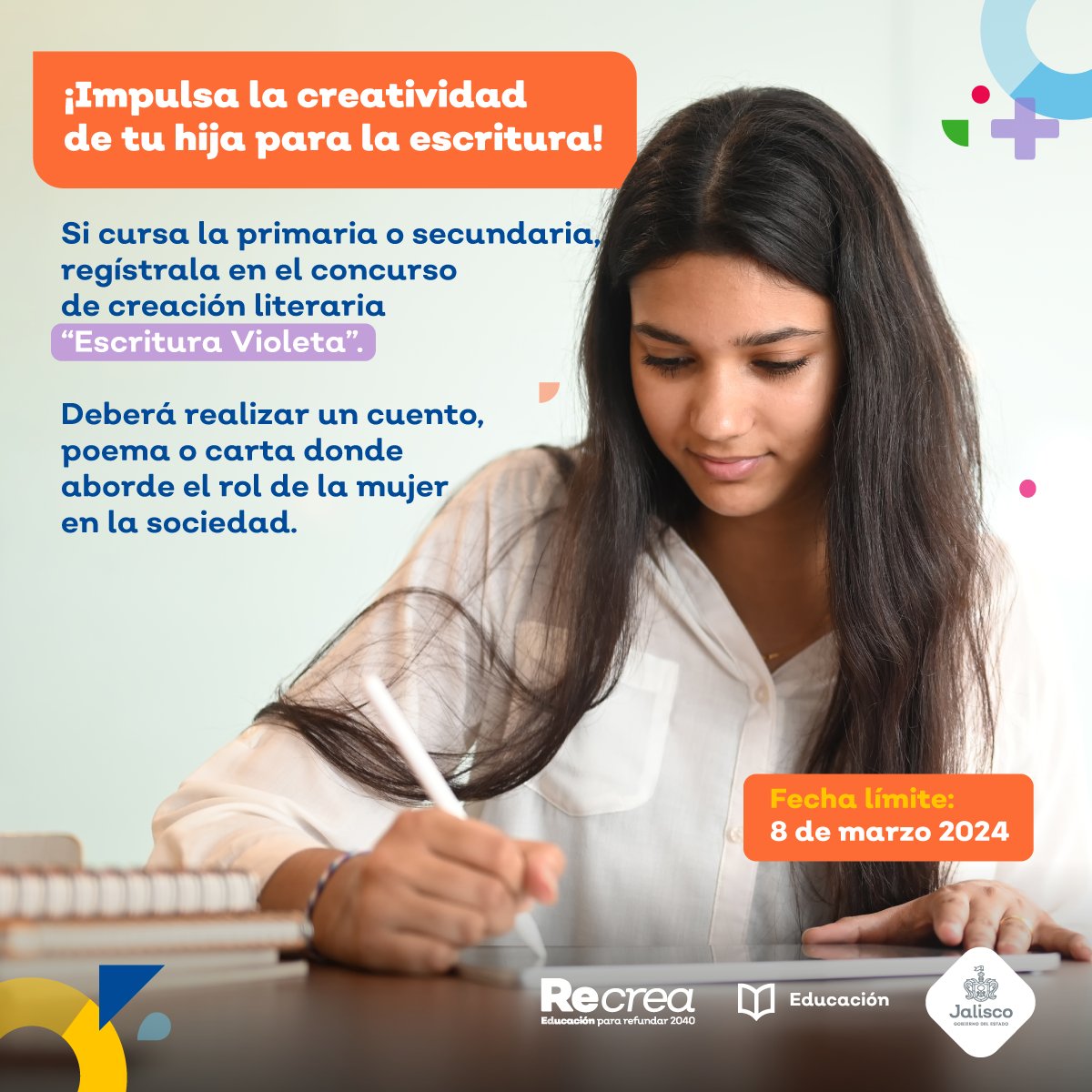 SecEducacionJal's tweet photo. ¡Impulsa el gusto de tu hija por la redacción! Inscríbela al concurso de creación literaria "Escritura Violeta", que tiene como objetivo fomentar la reflexión sobre el papel que desempeña la mujer en la sociedad. 

Consulta las bases en este link: https://t.co/xICUDrYaJ7 https://t.co/eY7YxqACuO