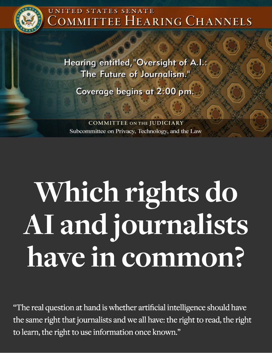 NiemanLab's tweet photo. On Wednesday afternoon, @jeffjarvis testified at a Senate subcommittee hearing on AI and the future of journalism. We thought Nieman Lab readers would be interested in the full text of his remarks.

https://t.co/8f7cFj3syL https://t.co/FjQFZjHlWr