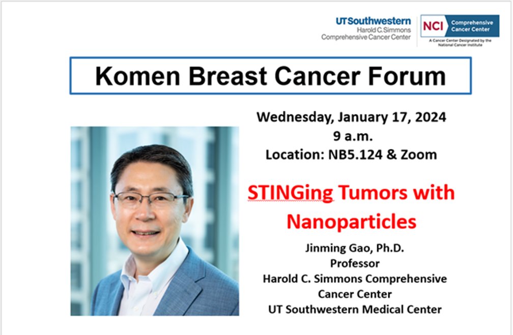 AriellaHanker's tweet photo. ๐Hey @utswcancer @UTSWCancerBio @UTSWHemeOnc @UTSWScience @BME_UTSW, don't miss our next #KomenBreastCancerForum featuring our very own @JinmingGaoLab next Weds, Jan 17! #STINGagonist #AntiTumorImmunity #Nanoparticles https://t.co/DpdsqUHd3E