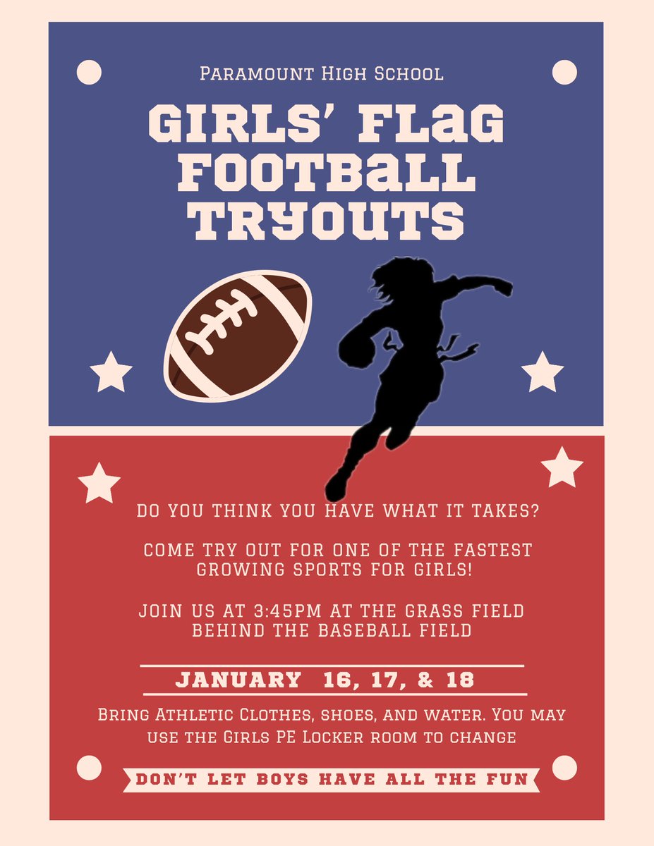 🏈 Attention all Lady Pirates! 🌟 Want to show your skills and have a blast? Join the Girls' Flag Football tryouts! No experience needed, just bring your energy and enthusiasm. Tryouts on Jan 16, 17 &amp; 18 at 3:45 PM on the grass field behind the baseball field at Senior Campus.