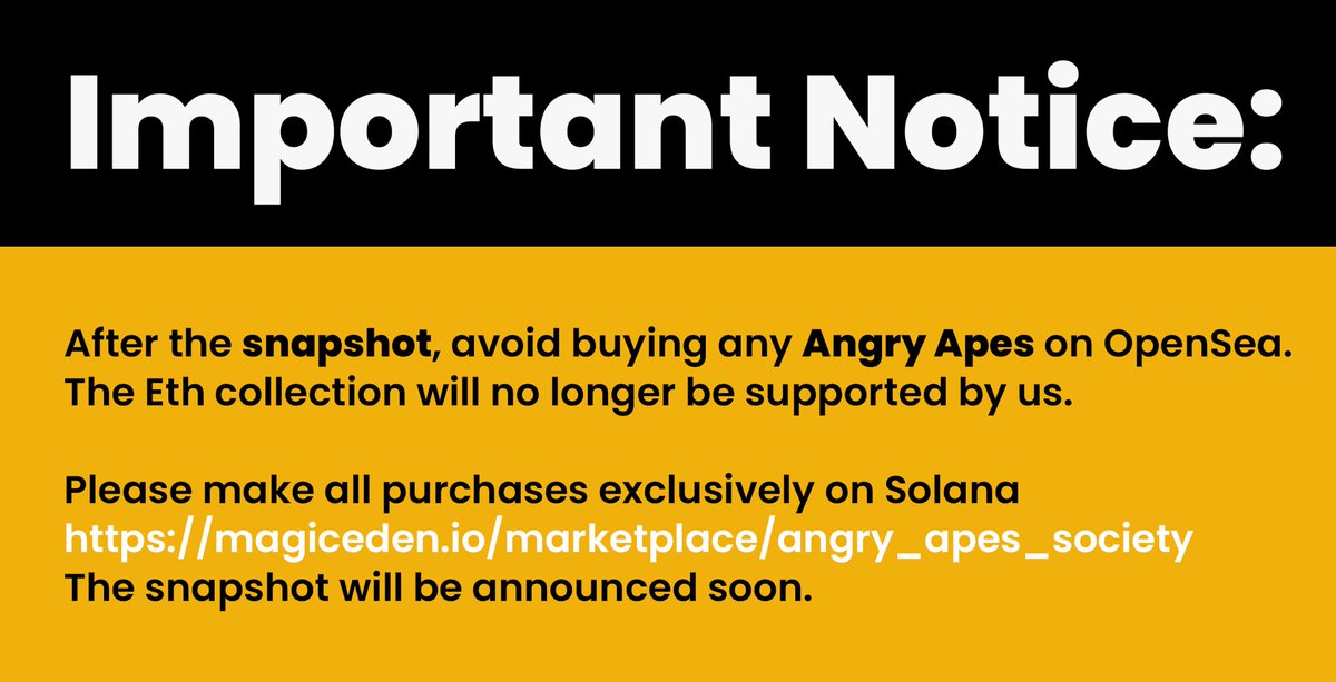 Remember folks, after the snap shop, we will no longer be supporting Apes on Open Sea. Only purchase Apes from the @MagicEden link below 👇  #AAS #AngryApesSociety 

magiceden.io/marketplace/an…