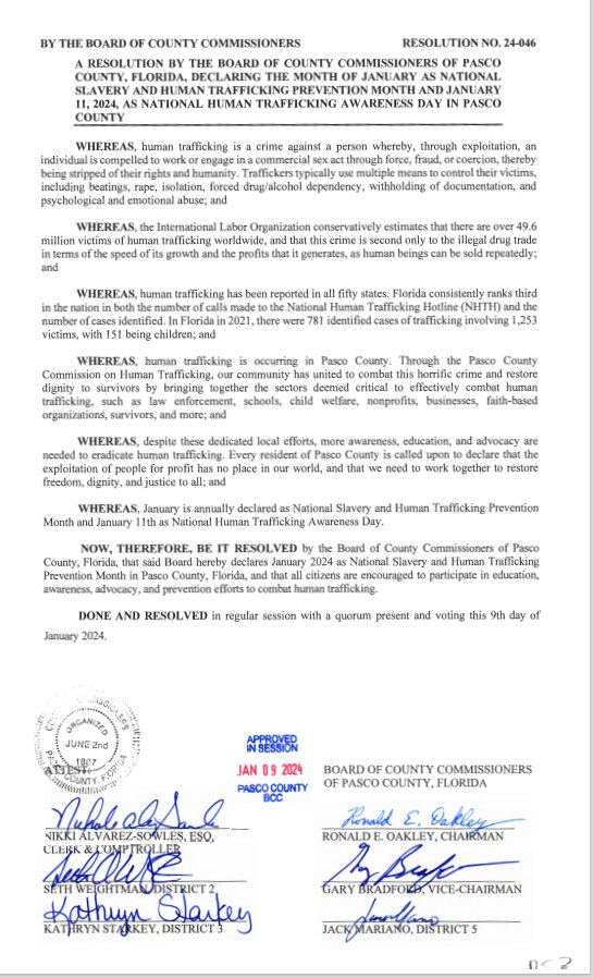 knowmorepasco's tweet photo. Pasco County Commission on Human Trafficking was presented with a Resolution declaring that January is National Slavery &amp; Human Trafficking Prevention Month &amp; that January 11th is National Human Trafficking Awareness Day. #EndHumanTrafficking https://t.co/ffHHCCEoff
