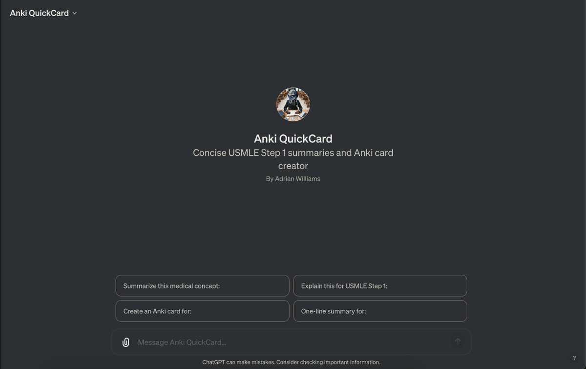 Med Students!🚀 I made a ChatGPT tool to help with USMLE studying. It is called 'Anki QuickCard'. Just screenshot a question from UWrld, AMBOSS, etc, paste into the chat, & it automatically generates 2 Anki cards + key points instantly. Its saved me so much time. #MedTwitter