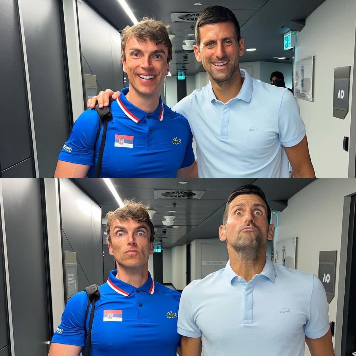 😂 Novak Djokovic met the brilliant impersonator <a href="/E_Loney/">Elliot Loney</a> yesterday, at the Australian Open

📸 elliot_loney IG