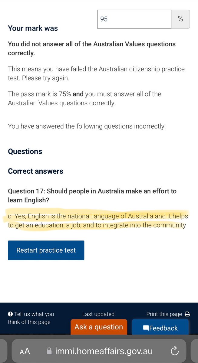 TeeCeeMG's tweet photo. So I took the online practice test and, unless I’m very mistaken, Australia has no official national language or legal requirement to learn English??? Bit hard to pass the test when it’s wrong.  #citizenship #auspol #auspol2024 https://t.co/PVtjdFKgEJ