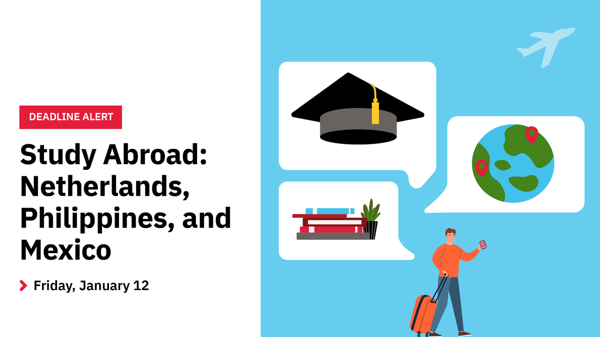 Looking for an academic adventure? 🤩📚

Why not study abroad in the Netherlands, Philippines or Mexico? Explore our programs and apply by January 12!

Check it out➡️ bit.ly/48vzFkC