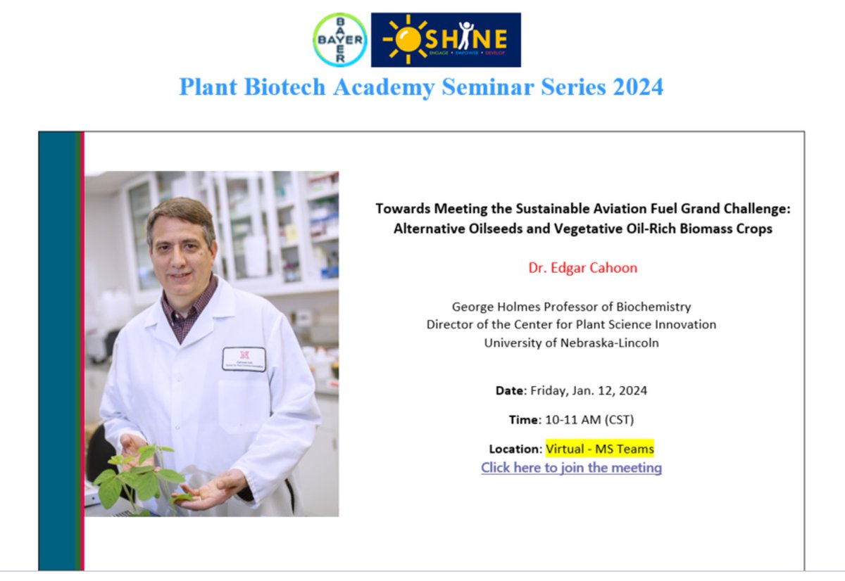 Looking forward to a virtual presentation tomorrow for the Bayer Crop Science Plant Biotech Academy Seminar Series. #SAF #RenewableEnergy @UNL_PSI @UNLresearch @UNL_AgResearch @UNL_Biochem @CABBIbio