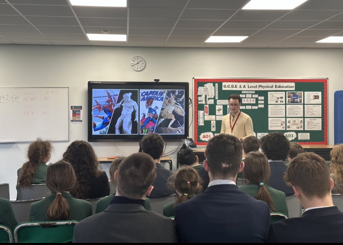 ChesterClassic1's tweet photo. Today @DanielS20854650 delivered a very informative talk at Abbey Gate College, exploring connections between ancient heroes and modern comic book heroes. Lovely to see such engaged students, some very interesting questions asked - thanks to our Chair for also answering some! https://t.co/3CC5Ckvsgr