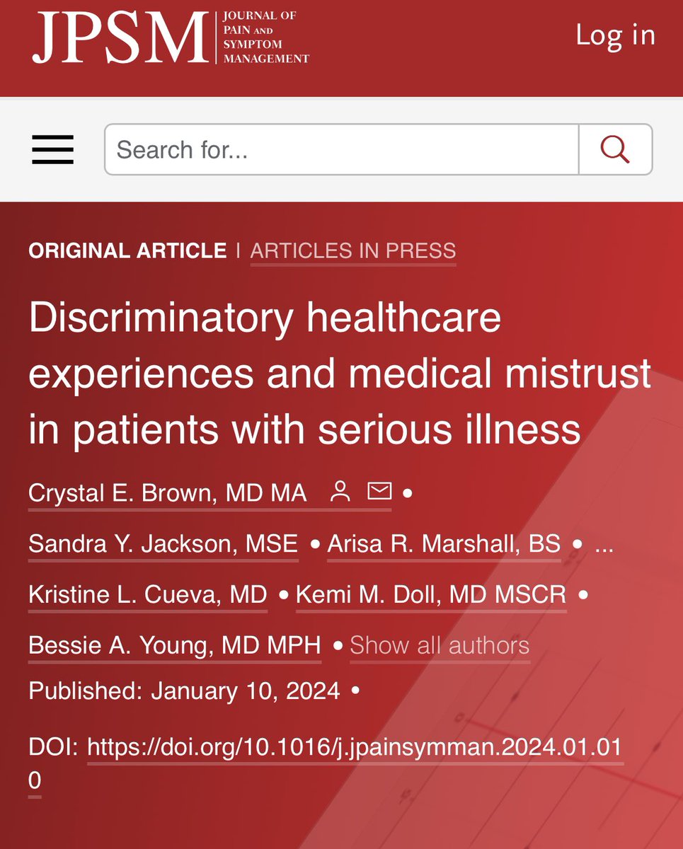 New paper in @JPSMjournal describing patients’ discriminatory experiences during serious illness. Was told this work was “out there” and that I should do something else, so this feels like a small win. Co-authors @KemiDoll @_kristinecueva and others. bit.ly/3HkHKfG