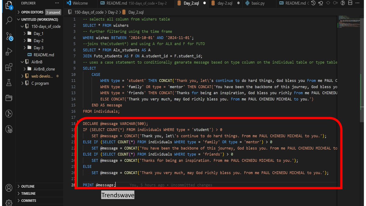 trendswave_'s tweet image. #Day_2_of_150_days_challange
Written in SQL
Thanks for your goodwill messages.
Fig. Self-explanatory
#150_days_of_code     #programmerslife #programmingisfun #daysofcode #ALX_SE #buildinpublic