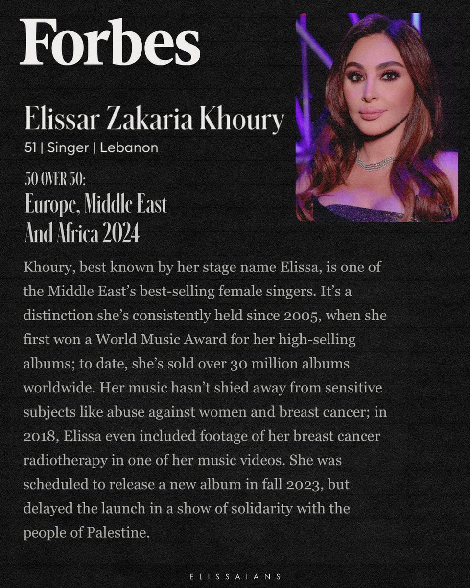 صوتك مؤثر كلامك مؤثر حضورك مؤثر 
نجاحك مؤثر أرشيفك مؤثر موقفك مؤثر 
استمرارية نجاحك مؤثر 
جدا فخور بتائثير العربي والعالمي .#Elissa #ForbesOver50 @elissakh