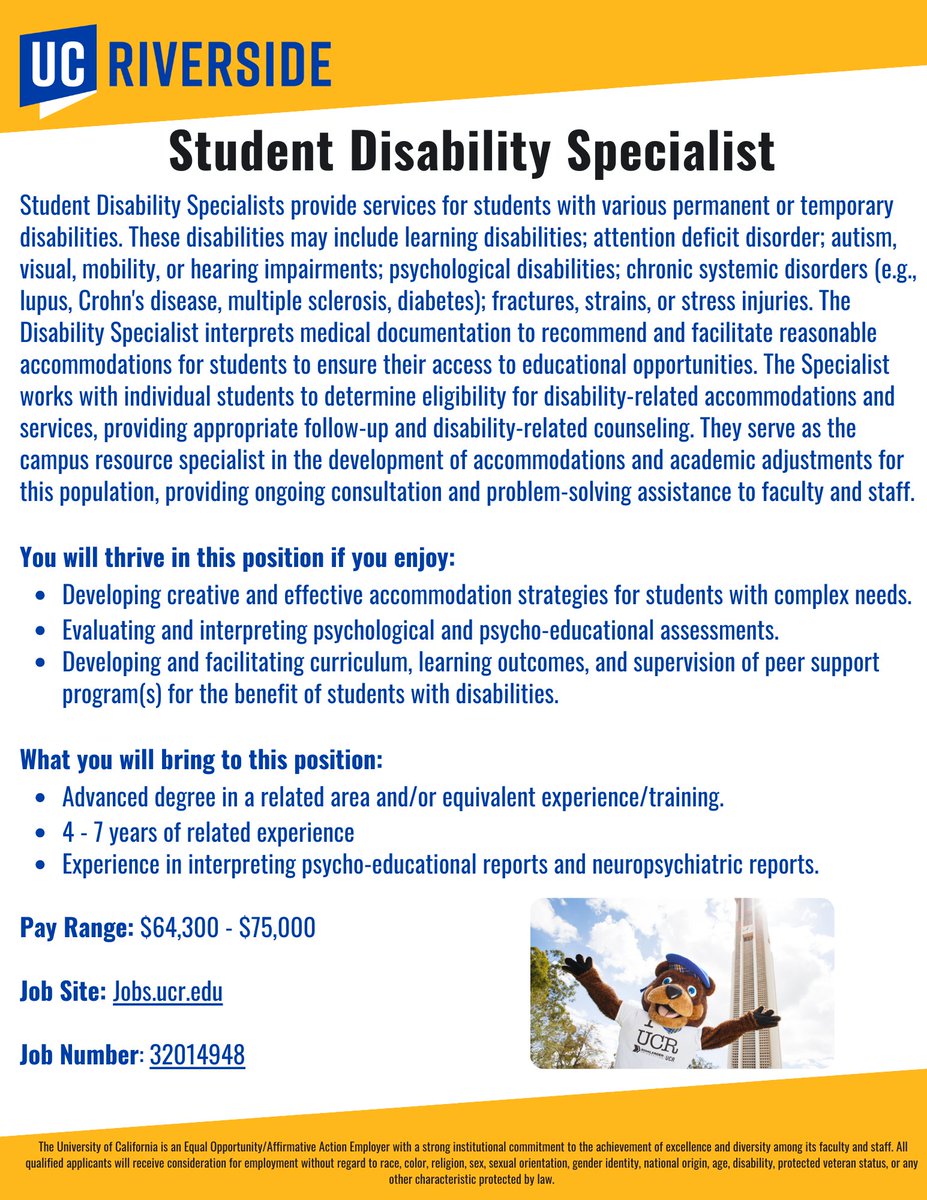 Make a Real Impact: Your Contribution Matters Here! 💛 💙 Apply for the Student Disability Specialist position with UC Riverside! 

Link: bit.ly/3SdzQuT

#hiring #universityjobs #disabilitysupportservices #disabilityspecialist