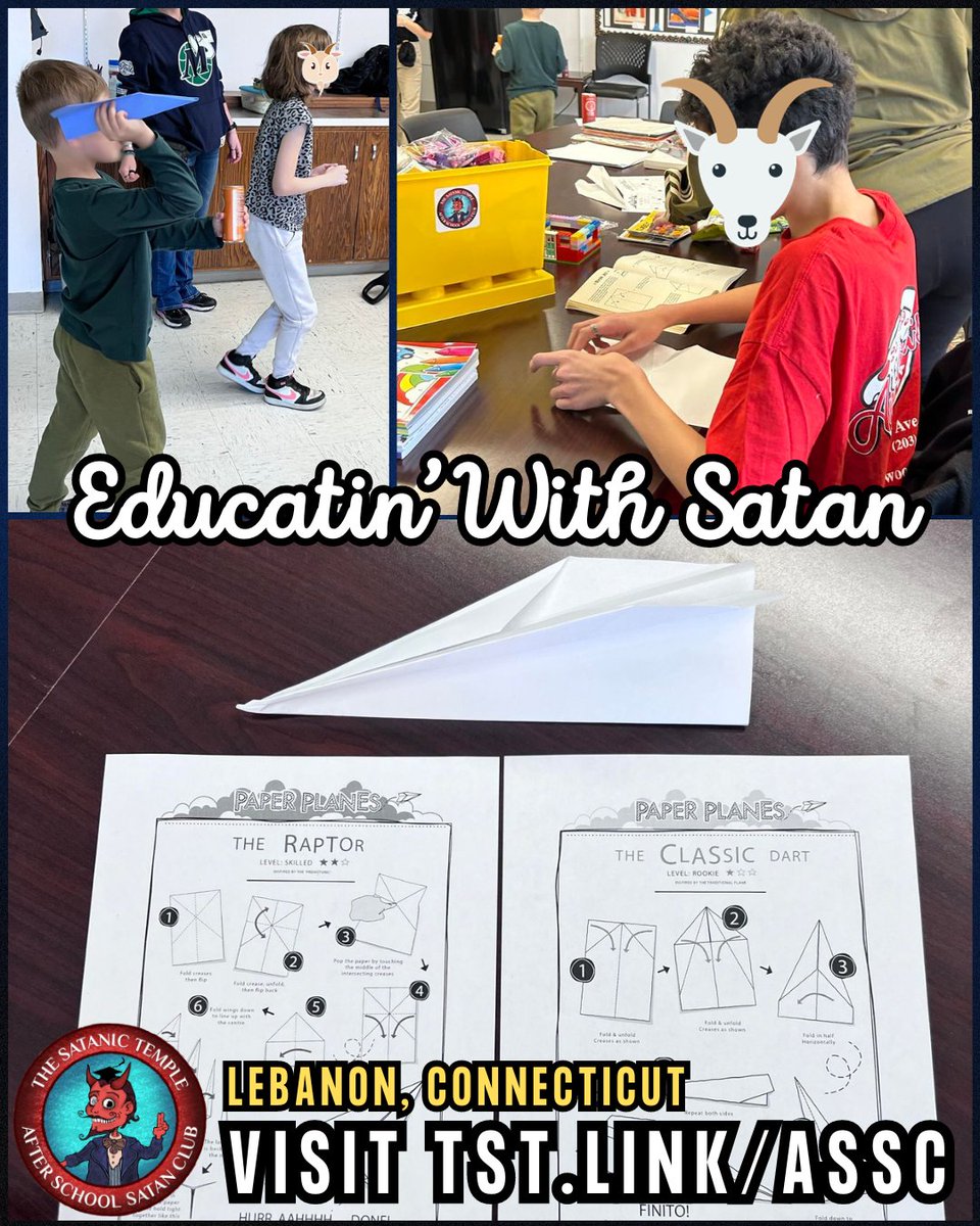 satanic_temple_'s tweet photo. Our older ASSC students in Lebanon, CT, learned about aviation principles of thrust, lift, drag, &amp; gravity in flight &amp; which supplies make the best DIY airplanes!

To support ASSC: https://t.co/dyfjmalefT
For more info: https://t.co/l7FycZq3FJ https://t.co/KKMFAmx3Tv