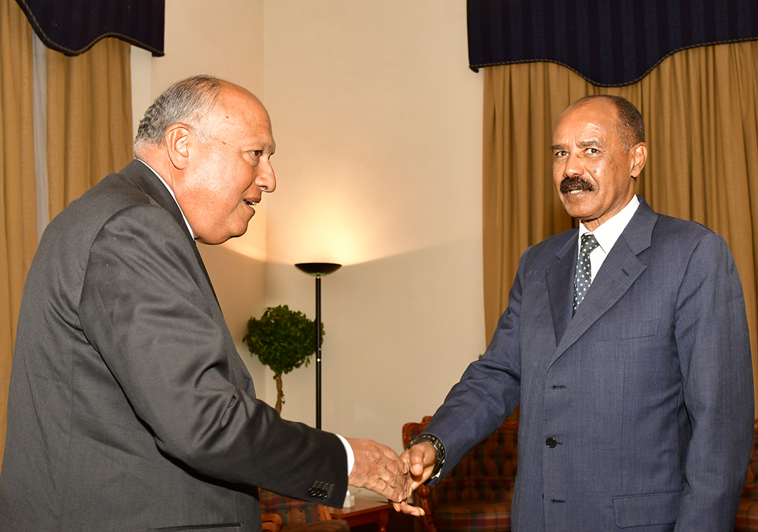 hawelti's tweet photo. President Isaias Afwerki met, this evening at Denden Guest House, Egyptian delegation led by Foreign Minister Sameh H. Shoukry.  The FM delivered letter of President Abdel Fattah el-Sisi to Pre.  Isaias on strengthening of bilateral ties &amp; regional developments of mutual interest https://t.co/9XBvLRPsEK
