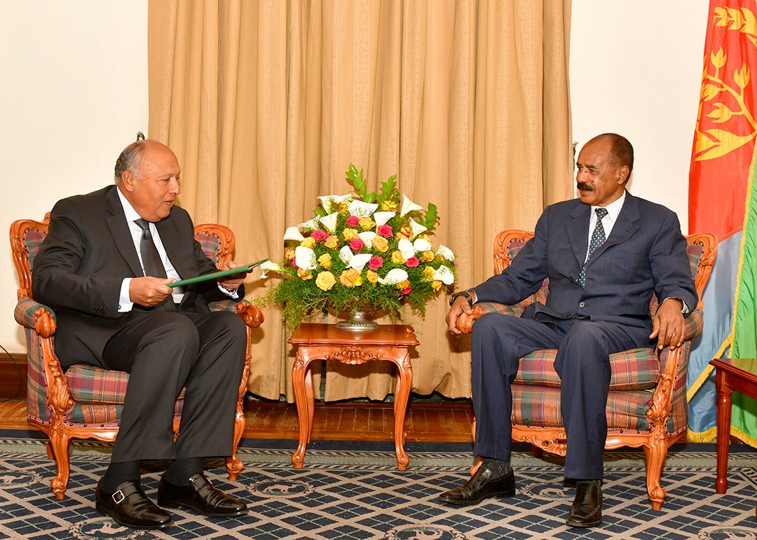 hawelti's tweet photo. President Isaias Afwerki met, this evening at Denden Guest House, Egyptian delegation led by Foreign Minister Sameh H. Shoukry.  The FM delivered letter of President Abdel Fattah el-Sisi to Pre.  Isaias on strengthening of bilateral ties &amp; regional developments of mutual interest https://t.co/9XBvLRPsEK