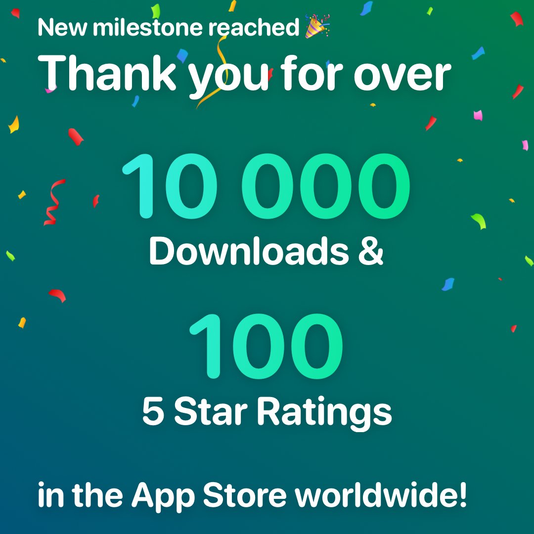 I am happy to announce that the app has reached its first milestone with over 10 000 downloads and over 100 five-star ratings in the App Store worldwide.

Thank you for your amazing support so far. Your feedback helps me a lot and motivates me to keep improving the app!😊