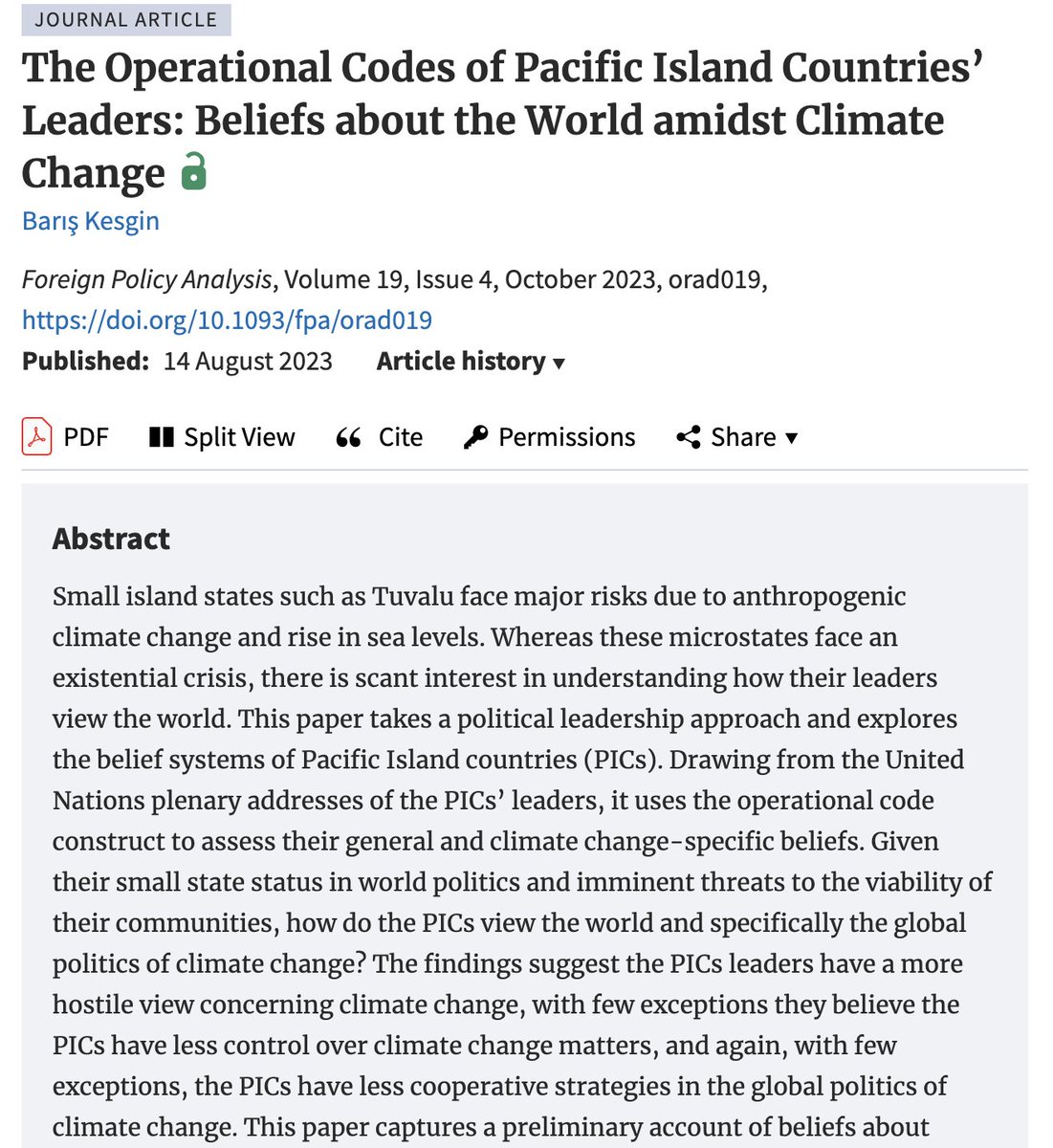 How do small island states facing a climate crisis view the world? @baris_kesgin assesses PIC leaders' beliefs finding they hold a more hostile view of climate change, perceive less control over climate matters, and have less cooperative strategies. academic.oup.com/fpa/article/19…