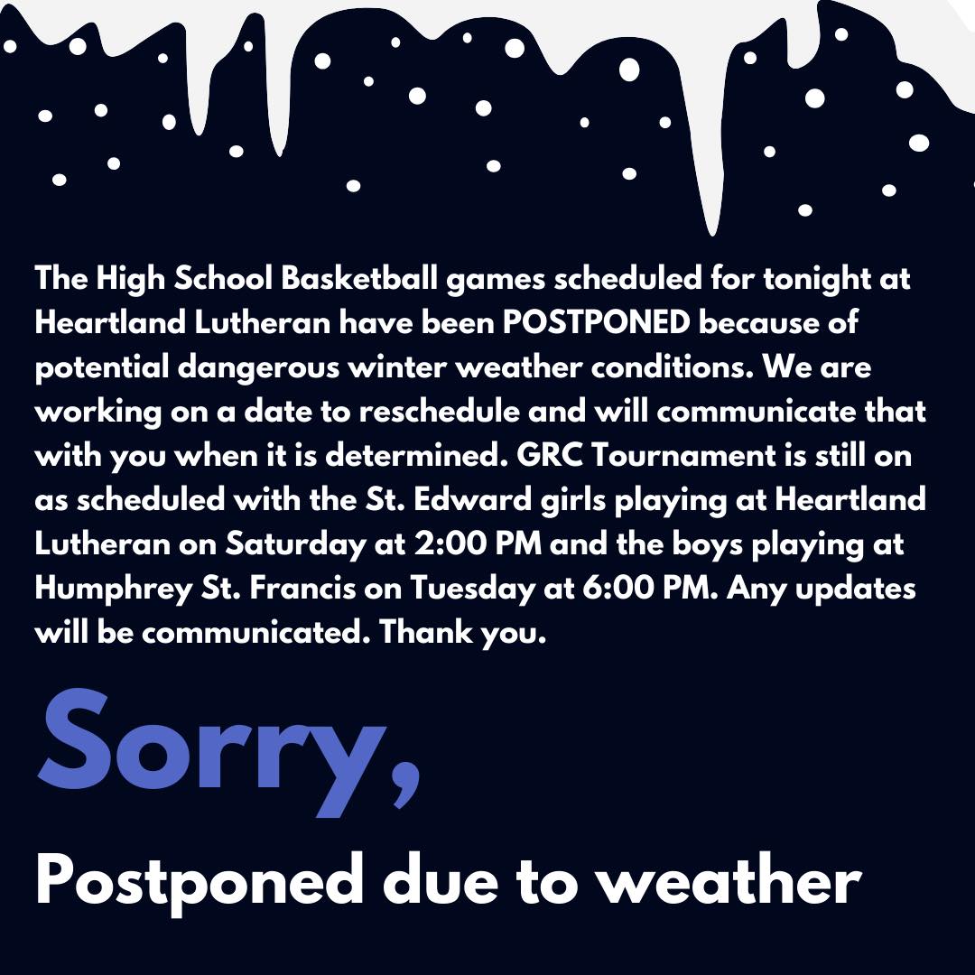 StEdBeavers's tweet photo. POSTPONED: 
St. Edward vs. Heartland Lutheran will not take place tonight because of potential dangerous weather conditions. #nebpreps https://t.co/McgHjDqBd7