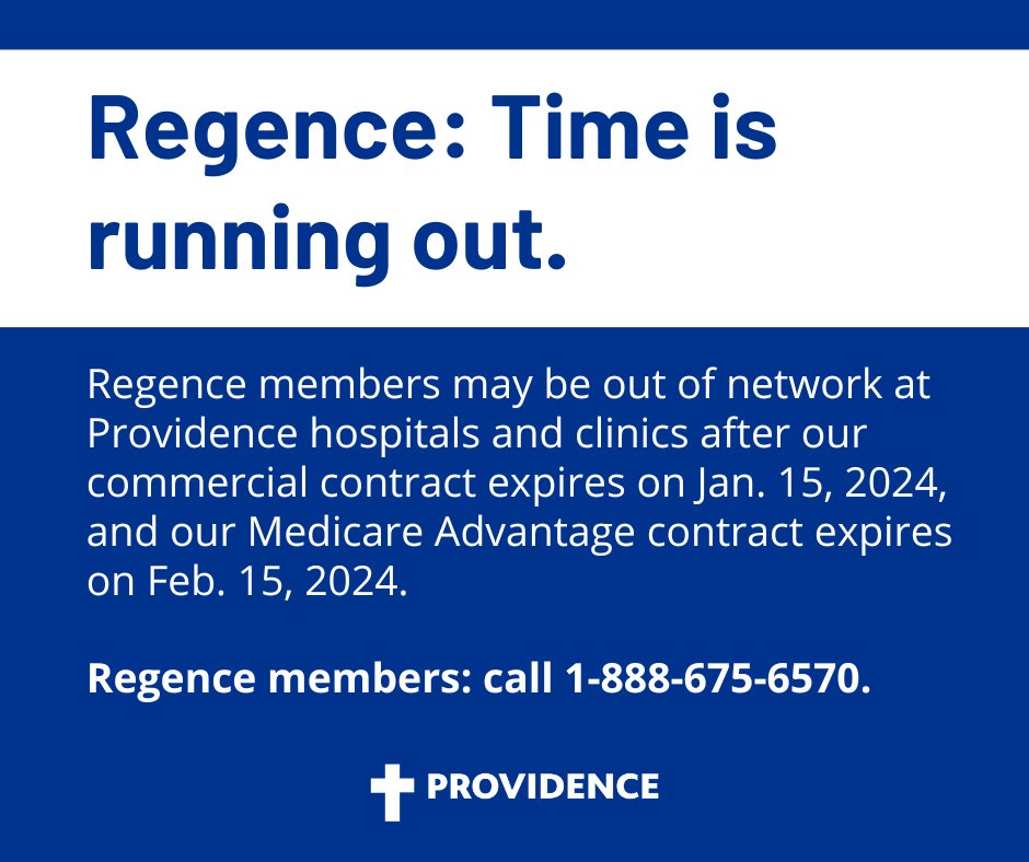 Do you have an appointment, procedure or surgery scheduled for Jan. 15 or later at a Providence Oregon hospital or facility? You might be out of network if you have Regence health insurance. Call 1-888-675-6570 to discuss your options. blog.providence.org/regional-blog-….