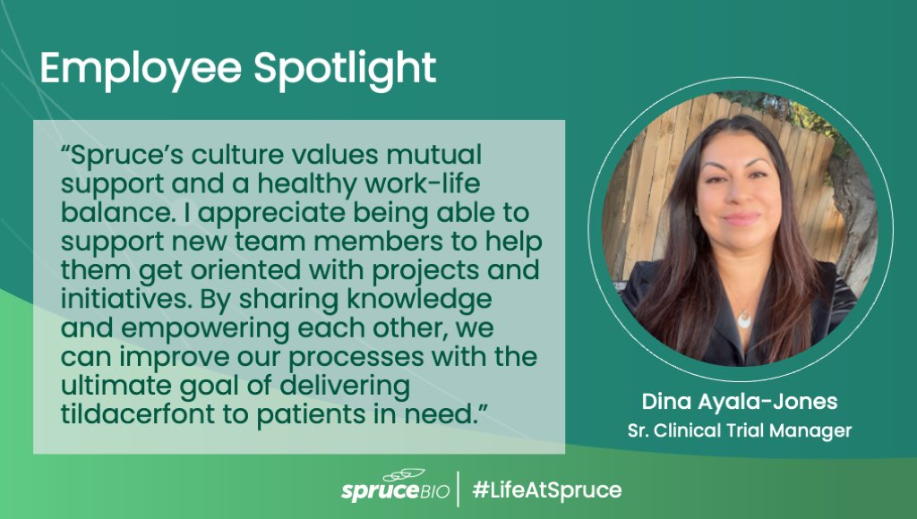 Spruce_Bio's tweet photo. At Spruce, we cultivate a culture of inclusivity and support for our team members. Meet Dina Ayala-Jones, Sr. Clinical Trial Manager, a passionate advocate for teamwork and diversity. Join us in cultivating a positive and collaborative workplace. #LifeAtSpruce https://t.co/PSUK68ENsg